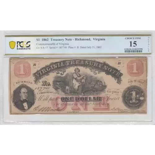 $1 1862 Treasury Note - Richmond, Virginia