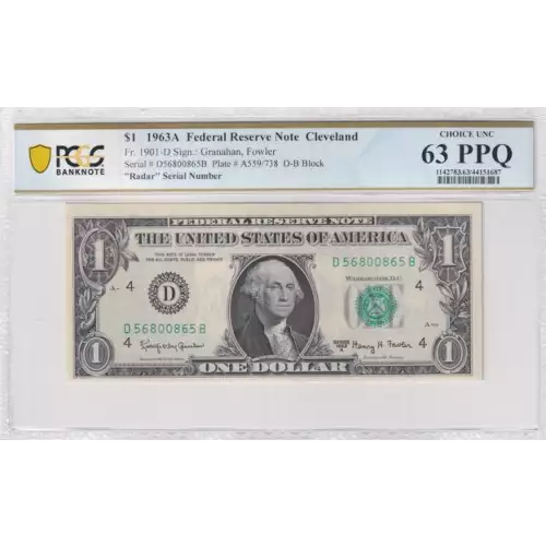 $1 1963-A. Green seal. Small Size $1 Federal Reserve Notes 1901-D