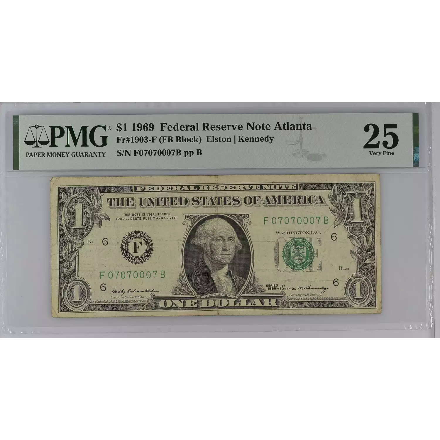 $1 1969 Green seal. Small Size $1 Federal Reserve Notes 1903-F