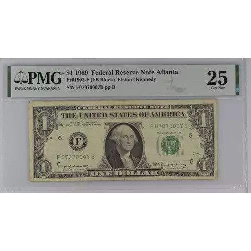 $1 1969 Green seal. Small Size $1 Federal Reserve Notes 1903-F