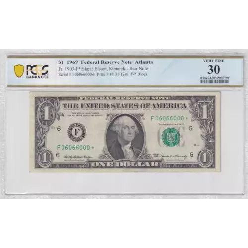 $1 1969 Green seal. Small Size $1 Federal Reserve Notes 1903-F* (2)