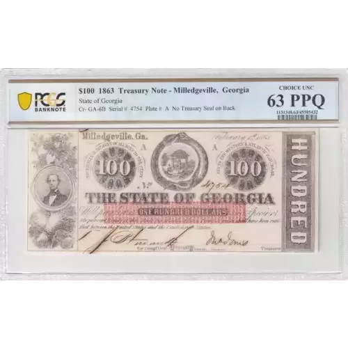 $100 1863 Treasury Note - Milledgeville, Georgia