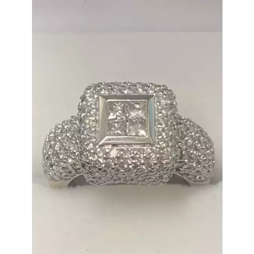 14K White Gold Diamond Square Cluster Ring, 3 CTW, 10.4g, Size 5