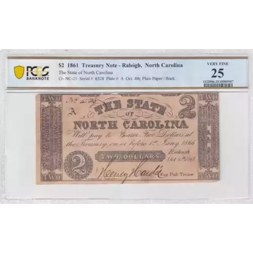 1861 $2 Treasury Note - The State of North Carolina graded VF25 by PCGS 