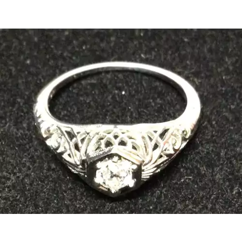 18k Vintage White Gold 2.2g Filigree Cocktail Ring Single Diamond  Size 6.25 (4)