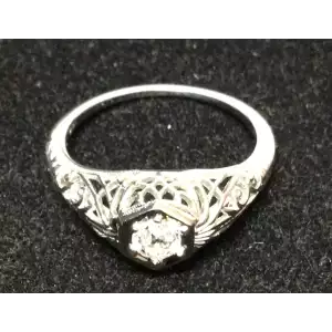 18k Vintage White Gold 2.2g Filigree Cocktail Ring Single Diamond  Size 6.25 (4)