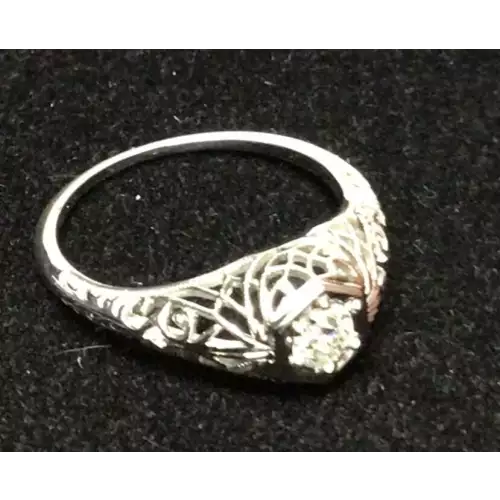 18k Vintage White Gold 2.2g Filigree Cocktail Ring Single Diamond  Size 6.25 (3)