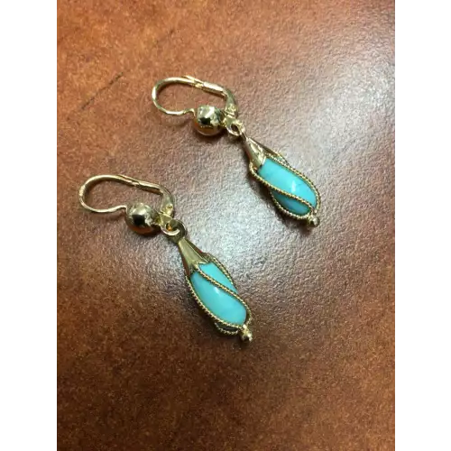 18K Yellow Gold Earrings Persian Turquoise 6.0g 