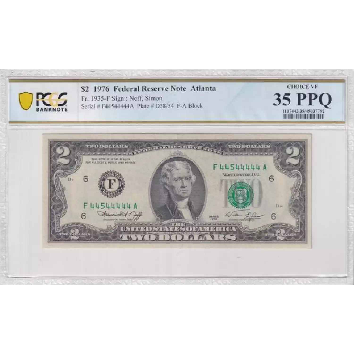 $2 1976 Green seal Small Size $2 Federal Reserve Notes 1935-F