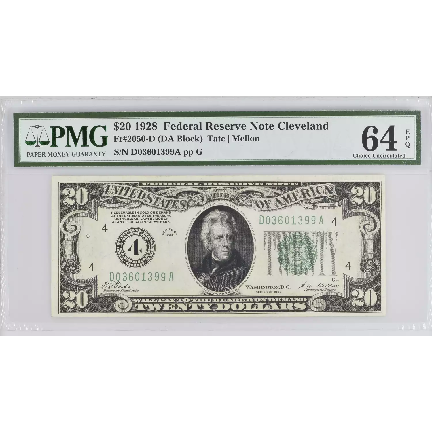 $20 1928 Green seal. Small Size $20 Federal Reserve Notes 2050-D