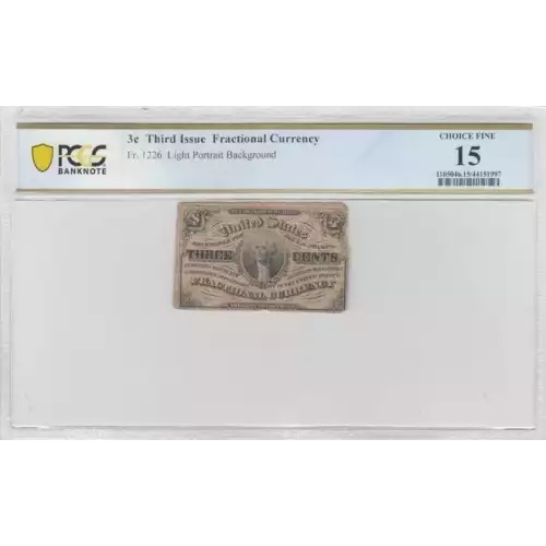 3 cent Third Issue Fractional Currency Fr 1226 Light Portrait Background 