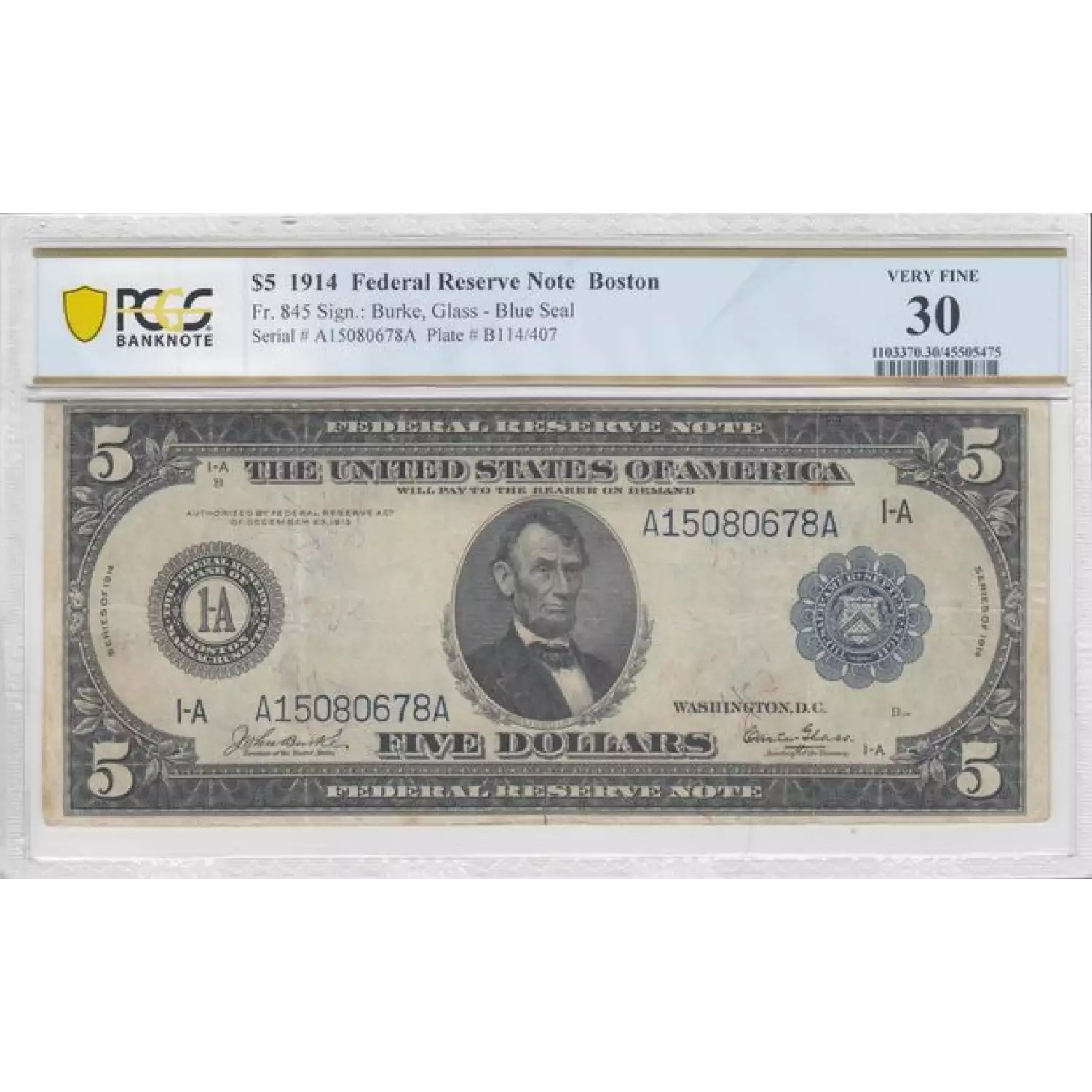 $5 1914 Red Seal Federal Reserve Notes 845