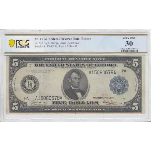 $5 1914 Red Seal Federal Reserve Notes 845