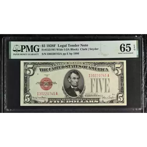 $5 1928-F red seal. Small Legal Tender Notes 1531