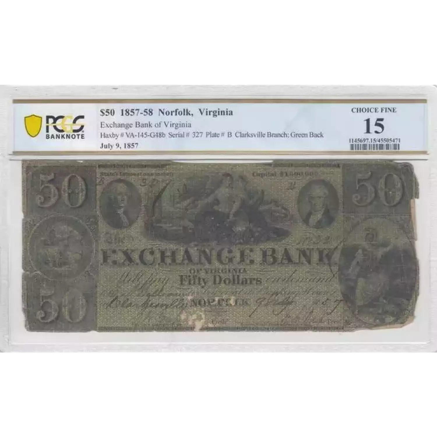 $50 1867-58 Norfolk, Virginia Exchange Bank of Virginia 