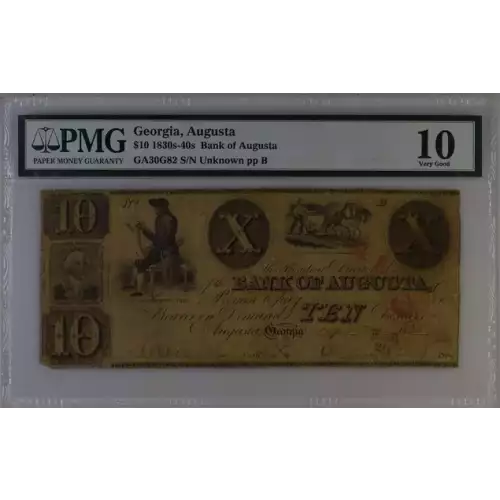 Georgia, Augusta, $10 1830s-40s Obsolete Bank Note