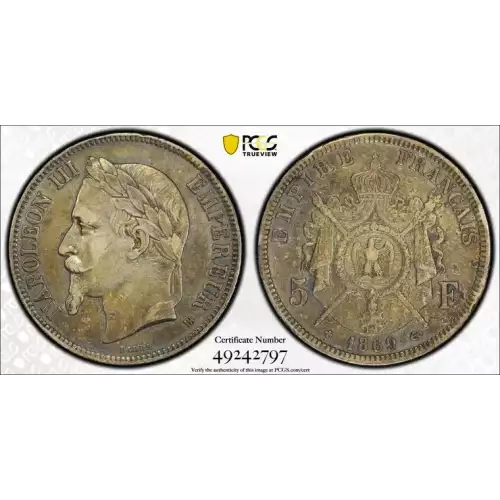 
Issuer	France 
Emperor	Napoleon III (Napoléon III) (1852-1870)
Type	Standard circulation coin
Years	1861-1870
Value	5 Francs
Currency	Franc (1795-1959)
Composition	Silver (.900)
Weight	25 g
Diameter	37 mm
Thickness	2.6 mm
Shape	Round
Technique	Milled
Ori