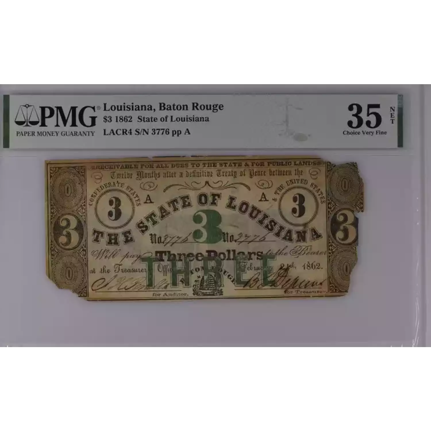 Louisiana, Baton Rouge, $3 1862 Obsolete Bank Note